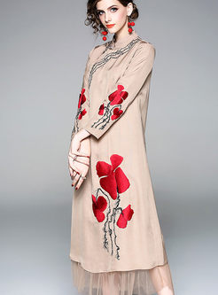 Mandarin Collar Embroidered Maxi Dress