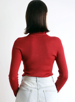 Red Turtleneck Slim Pullover Sweater