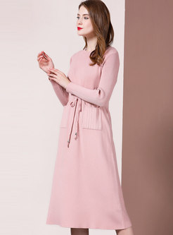 Solid Color A Line Sweater Dress With Drawcord