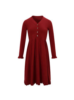 Red V-neck Long Sleeve Sweater Dress