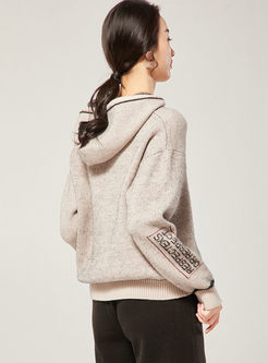 Letter Print Loose Knitted Hoodie