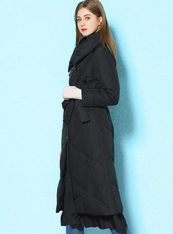 Turn Down Collar Long Down Coat With Belt