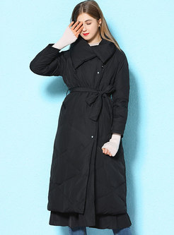 Turn Down Collar Long Down Coat With Belt