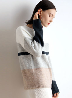Crew Collar Color-blocked Loose Pullover Sweater