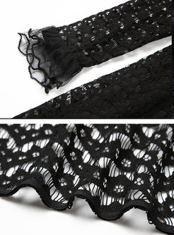 Black Flare Sleeve Lace Openwork Skater Dress