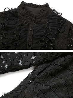 Black Flare Sleeve Lace Openwork Skater Dress