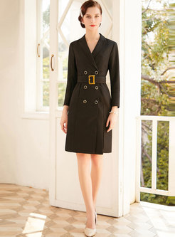 Notched Double-breasted Office Bodycon Dress With Belt