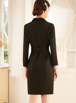 Notched Double-breasted Office Bodycon Dress With Belt