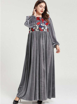 Plus Size Lantern Sleeve Embroidered Velvet Maxi Dress