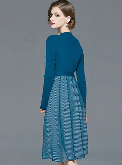 Mock Neck Color-blocked Patchwork Waist Sweater Dress