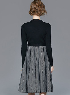 Mock Neck Color-blocked Patchwork Waist Sweater Dress
