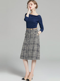 Slash Collar Slim Top & High Waisted Plaid Skirt