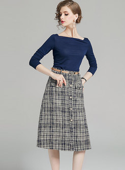 Slash Collar Slim Top & High Waisted Plaid Skirt