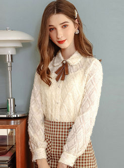 Lapel Jacquard Bowknot Blouse With Camisole
