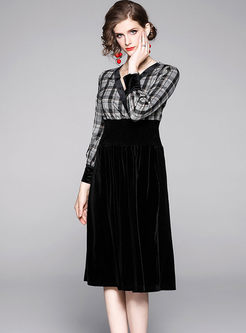 V-neck Long Sleeve Plaid Patchwork Velvet Dress