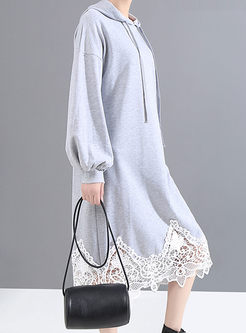 Grey Hooded Lace Patchwork Sweatshirt Dress
