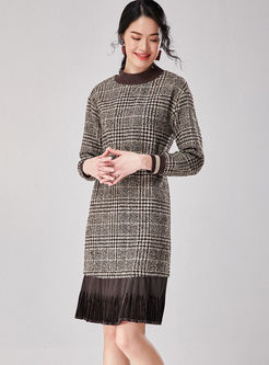 Long Sleeve Plaid Patchwork Velvet Dress