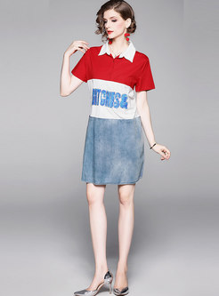 Lapel Color-blocked Patchwork Letter T-shirt Dress