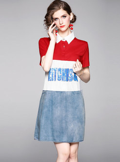 Lapel Color-blocked Patchwork Letter T-shirt Dress