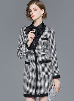 Stand Collar Bowknot Houndstooth Bodycon Dress 