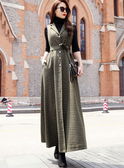 Notched Sleeveless Plaid Vest Maxi Dress