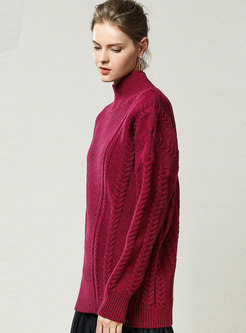 Rose Red High Collar Straight Loose Sweater
