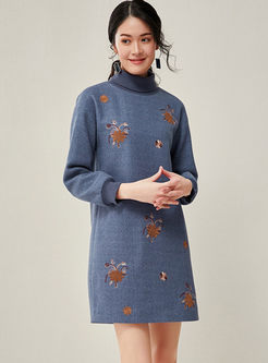 Turtleneck Embroidered Shift Mini Dress