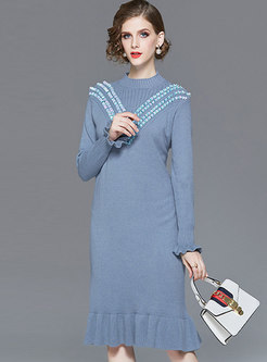 Mock Collar Sequin Straight Sweater Dress