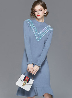 Mock Collar Sequin Straight Sweater Dress