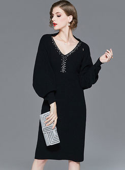 V-neck Beading Knitted Dress With Sweater Shawl