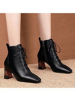 Leather Chunky Heel Lace Short Boots
