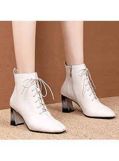 Leather Chunky Heel Lace Short Boots