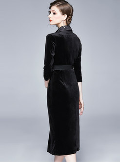 Black Double-breasted Midi Dress With Belt