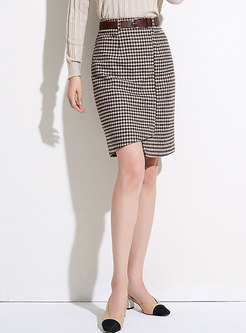 Plaid Irregular A Line Skirt With Belt