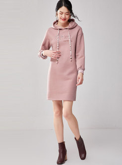 Embroidered Letter Straight Hooded Sweatshirt Dress