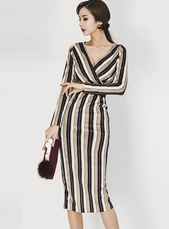 V-neck Striped Color-blocked Bodycon Dress