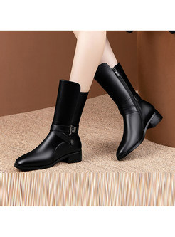 Square Heel Short Plush Leather Boots