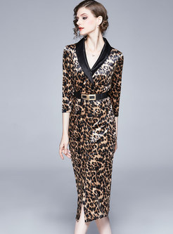 V-neck Patchwork Leopard High Waisted Bodycon Dress