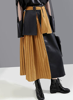 Pleated Patchwork Color-blocked A Line Skirt
