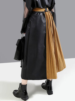 Pleated Patchwork Color-blocked A Line Skirt