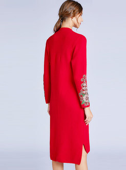 Red V-neck Embroidered Shift Dress 
