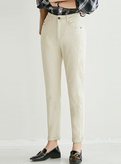 White High Waisted Thick Denim Tapered Pants
