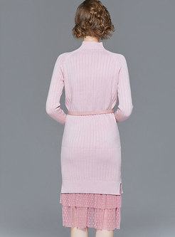 Mock Collar Beading Sweater Dress & Mesh Skirt