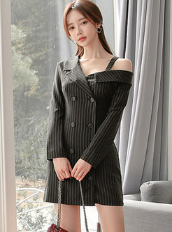 Off The Shoulder Striped Double Breasted Bodycon Dress