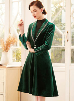 Lapel Long Sleeve Velvet Coat Dress