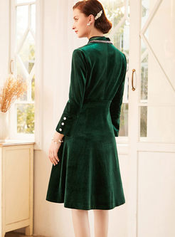 Lapel Long Sleeve Velvet Coat Dress