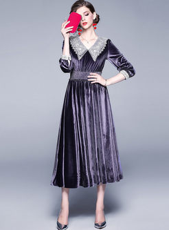 Lace Lapel Velvet Blouson Maxi Dress