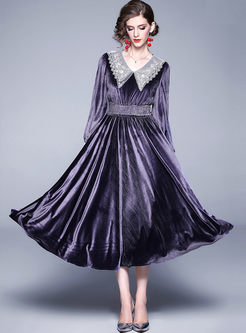 Lace Lapel Velvet Blouson Maxi Dress