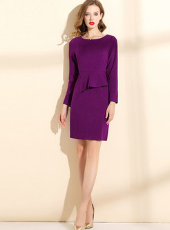 Solid Color Crew Neck Wool Blend Bodycon Dress