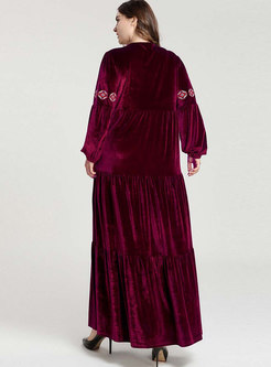 Lantern Sleeve Embroidered Velvet Maxi Dress